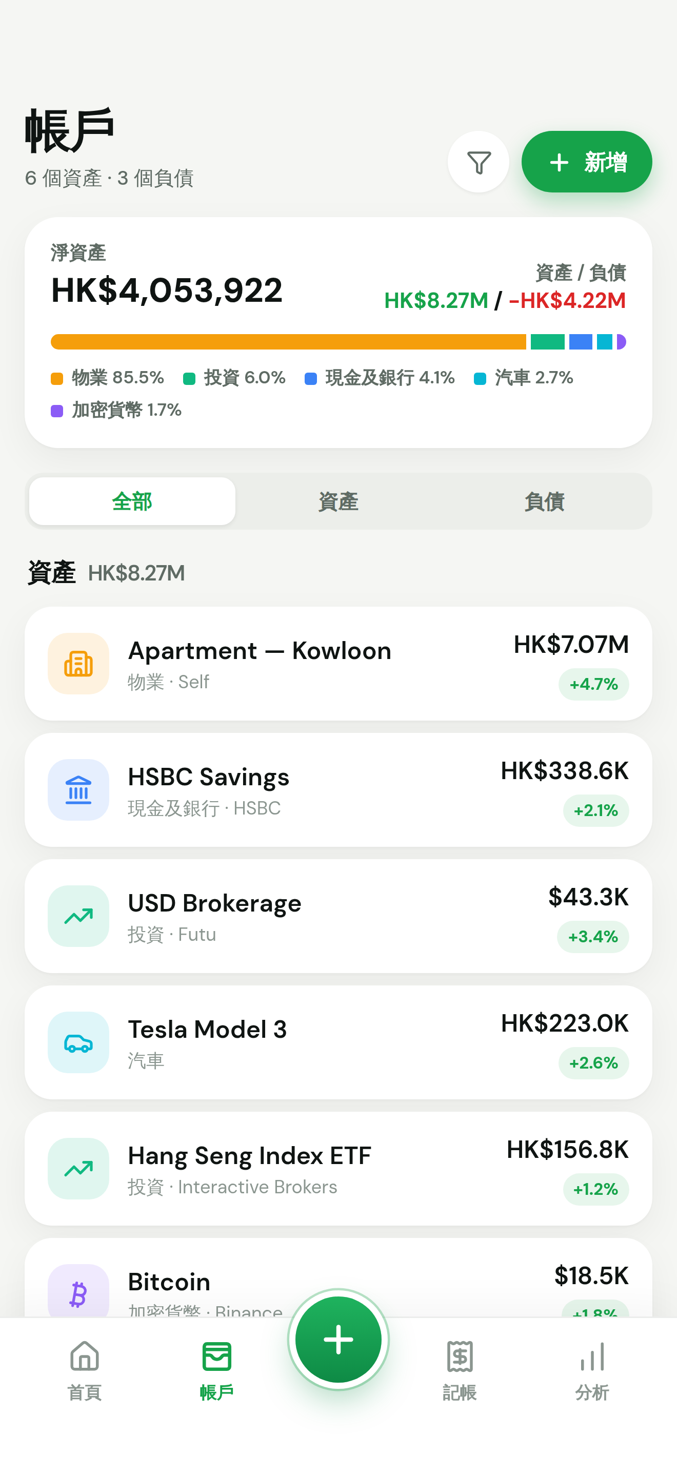 WorthBook Accounts: assets, debts and multi-currency accounts. Amounts are demo data.