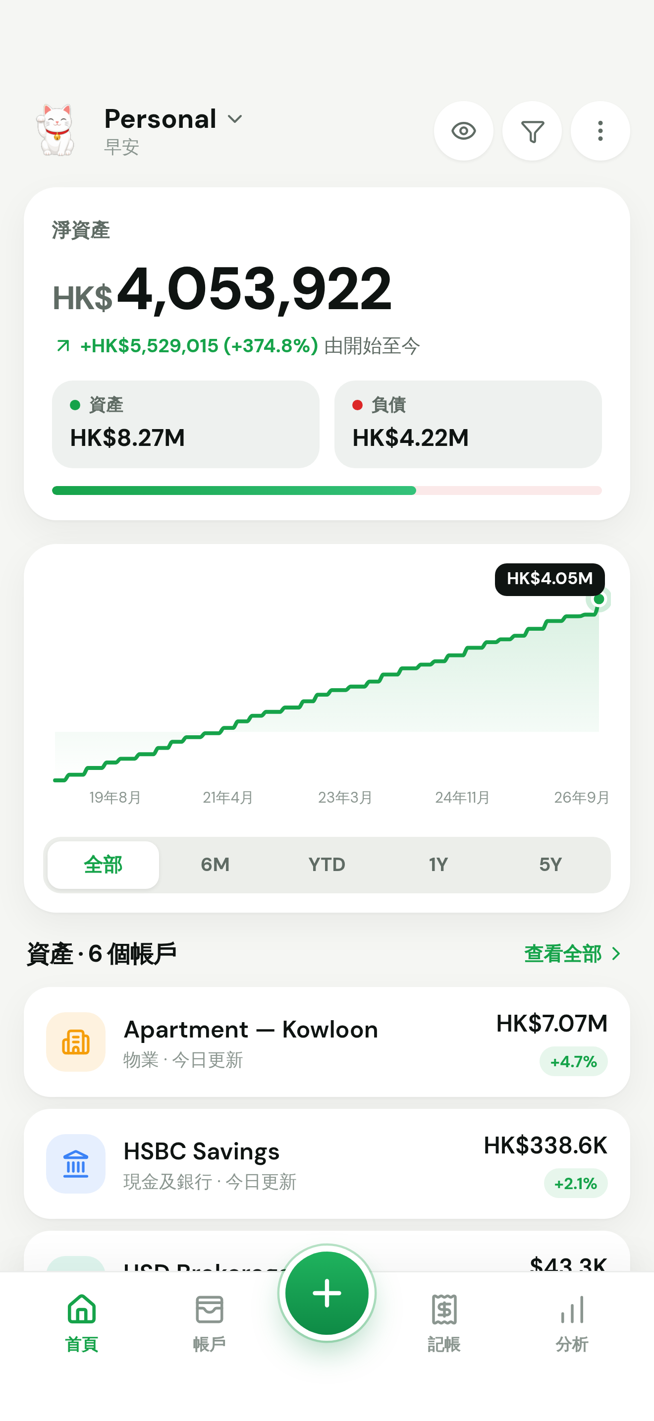WorthBook Home: net worth, total assets and debts, and historical trends. Amounts are demo data.